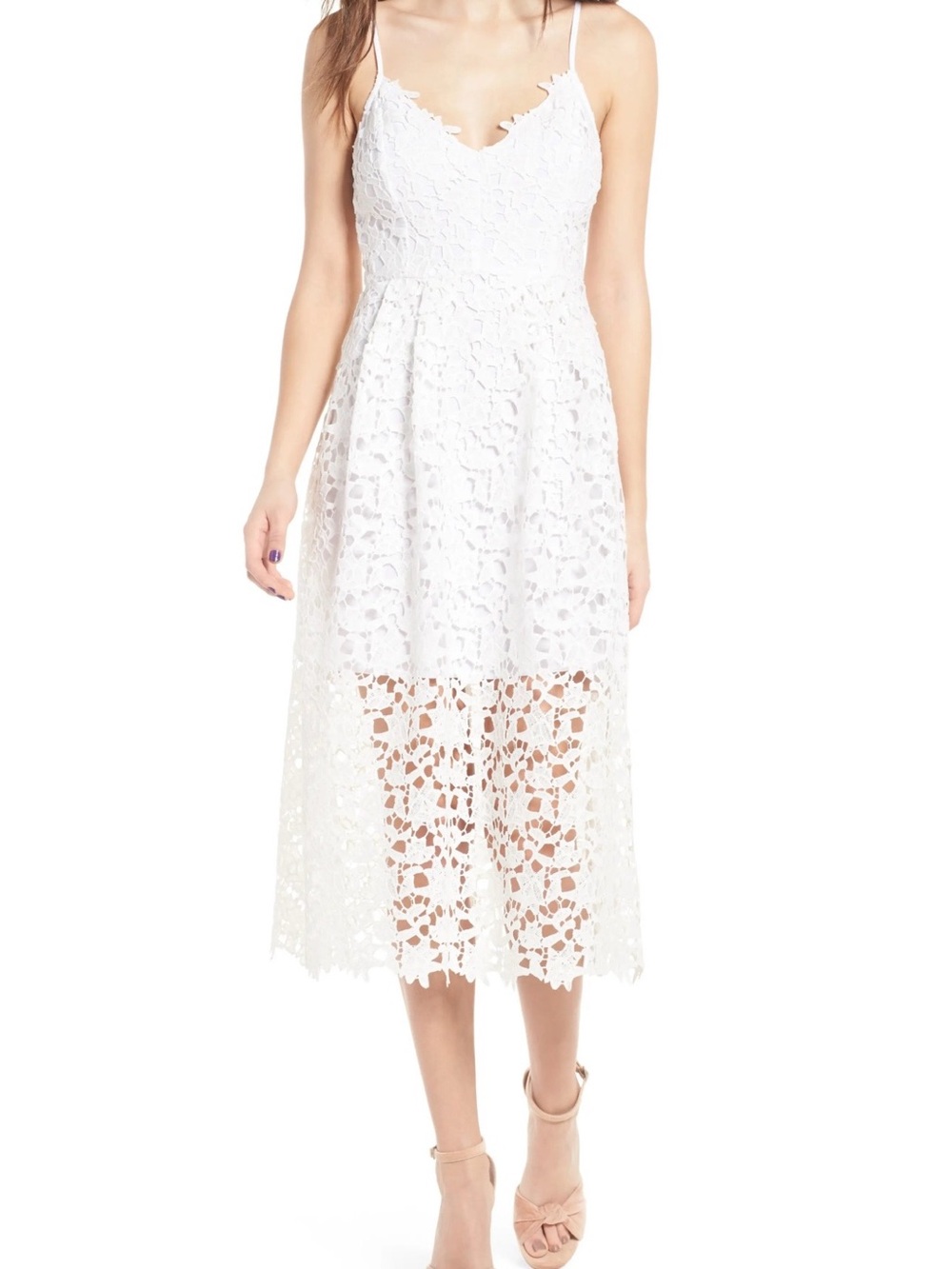 ASTR White Lace Midi Dress with Spaghetti Straps